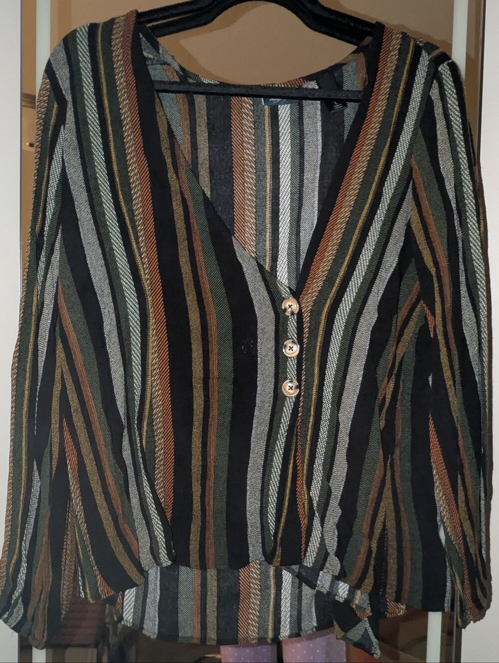 Daytrip Striped Button-Front Top in Black, Olive, Rust and Cream